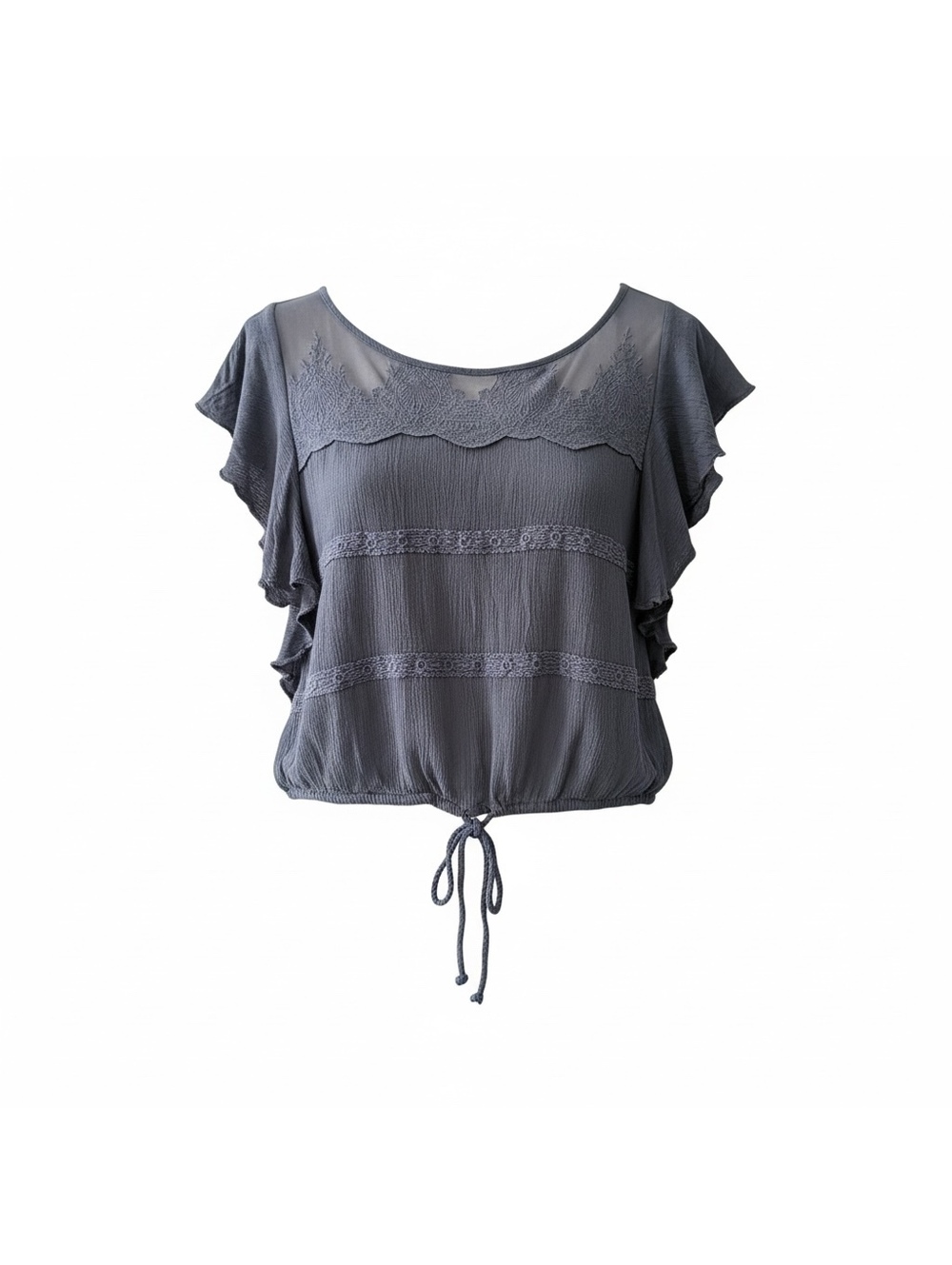 Hollister Navy Drawstring Cropped Top with Ruffle Sleeve